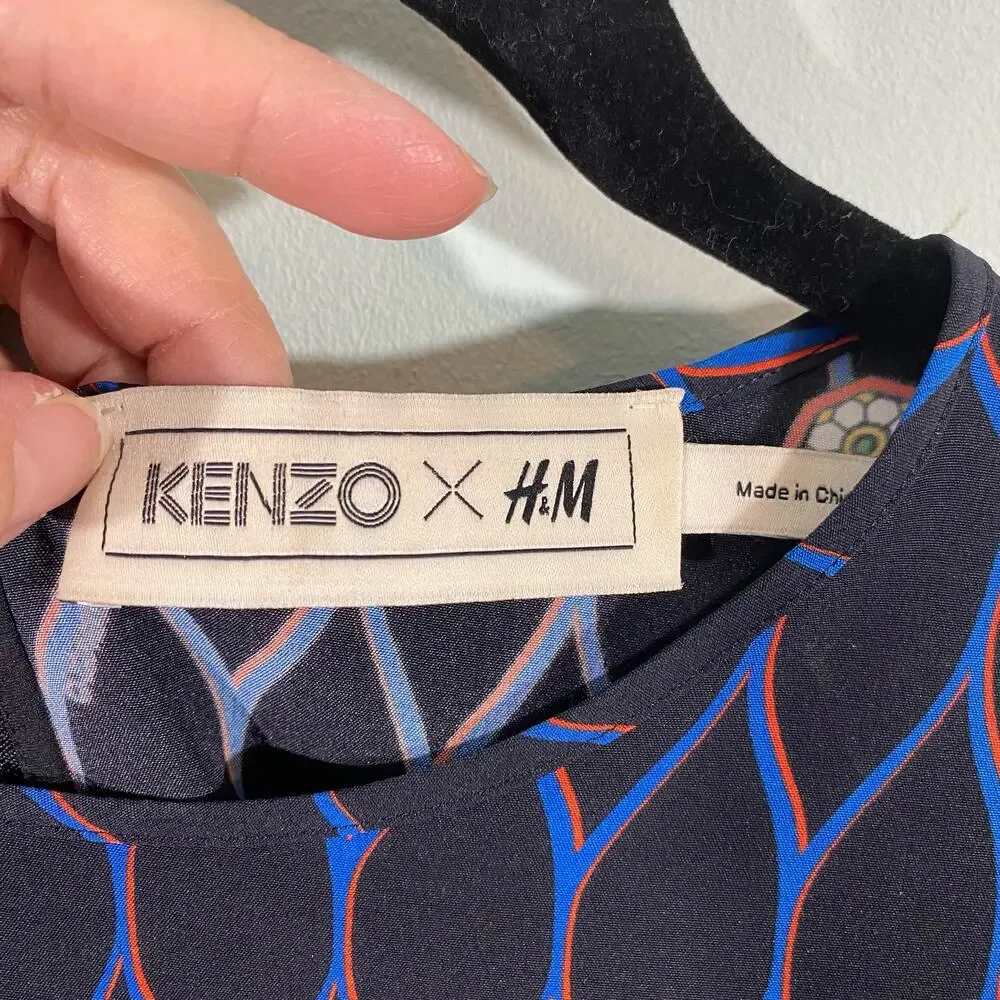 Kenzo x H&M Women's Abstract Print 100% Silk Ruffle Cap Sleeve Blouse Size 2